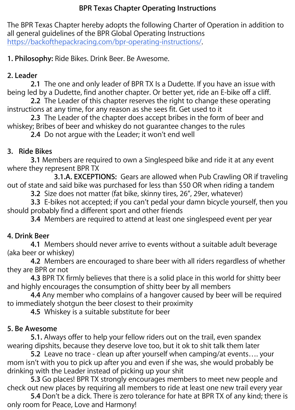 BPR TX Chapter Operating Instructions